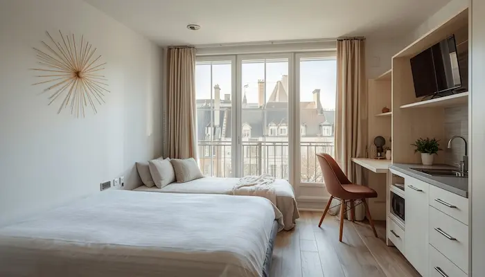 Studio étudiant moderne et lumineux dans une résidence étudiante à Limoges, avec bureau, kitchenette et ambiance fonctionnelle.
