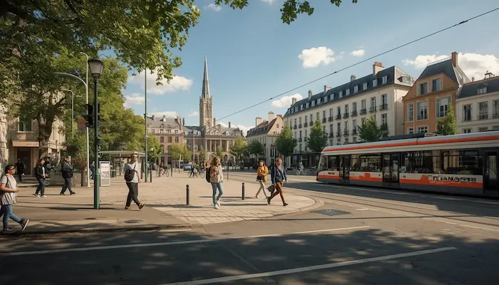 Vue extérieure de Nantes avec étudiants, tramway et quartier universitaire, illustrant la vie étudiante et les résidences en 2026