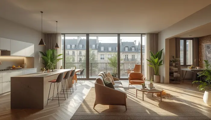 Pièce de vie lumineuse d’un coliving en France avec cuisine partagée, espace de coworking et vue sur les toits parisiens.
