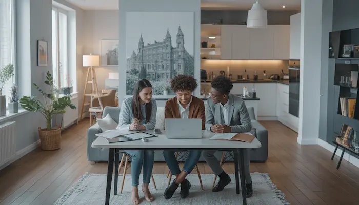 Intérieur d’une colocation étudiante moderne à [Ville] avec des étudiants consultant un bail dans un appartement lumineux et soigné.