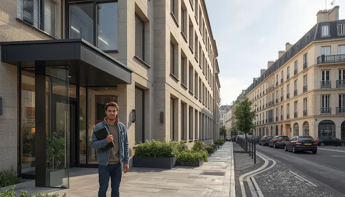 Vue extérieure d’une résidence étudiante moderne en France avec un étudiant tenant un dossier de location devant l’entrée, illustrant les alternatives de logement étudiant sans garant.