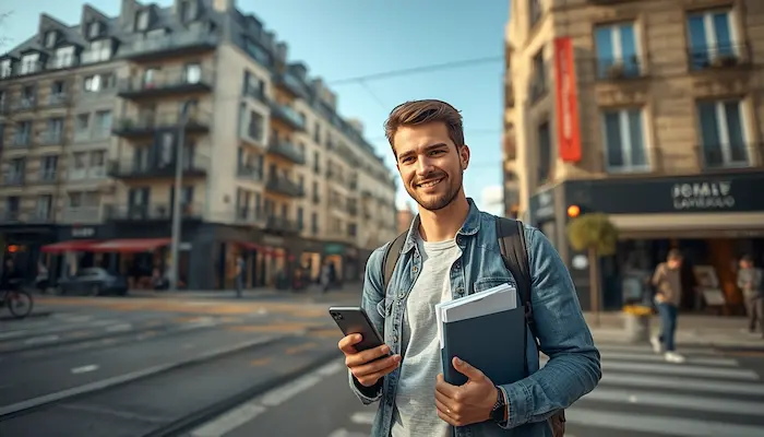 Étudiant devant une résidence étudiante dans un quartier urbain dynamique, illustrant le financement d’un logement étudiant en 2026.