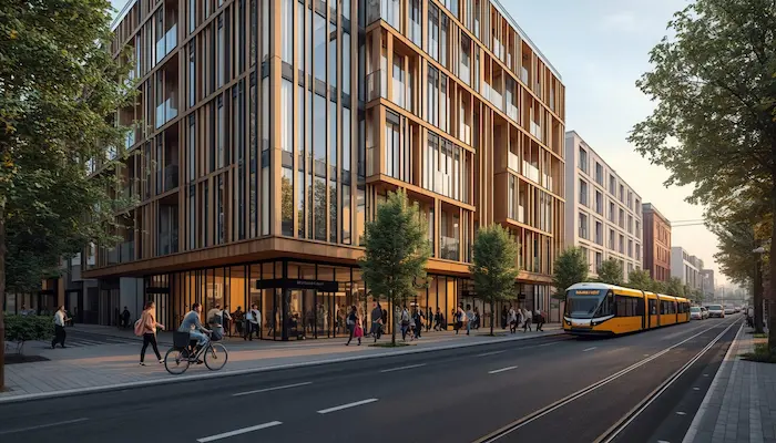 Résidence étudiante moderne à Nantes avec étudiants, tramway et vélos dans un quartier vert montrant la forte demande locative