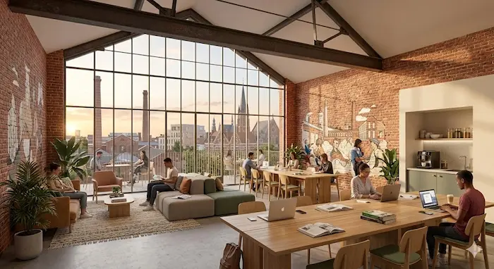 Vue intérieure d'un grand espace commun de co-working et de détente au sein d'une résidence étudiante réhabilitée à Roubaix en 2026. La pièce dispose de hauts plafonds industriels, de murs en briques d'origine et d'une grande verrière d'atelier offrant une vue panoramique sur la ville de Roubaix et ses toits en briques.