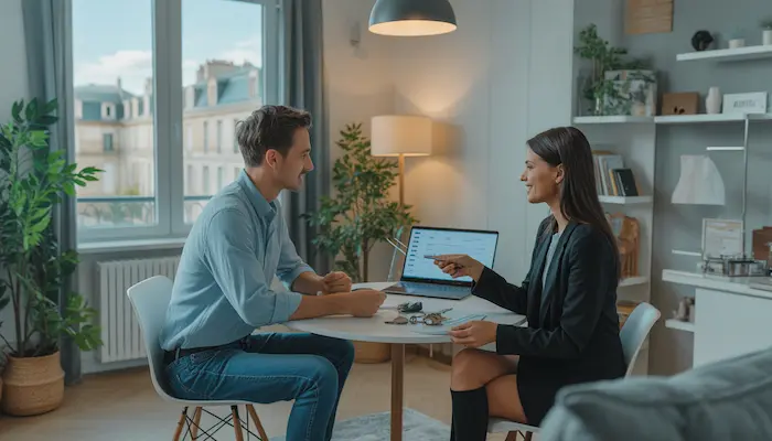 Étudiant étranger en discussion avec un conseiller immobilier dans un appartement meublé à [Ville], pour trouver un garant en France en 2026