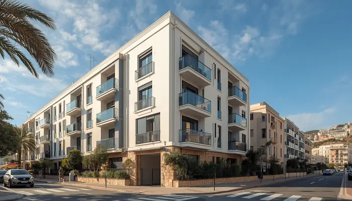 Extérieur d’une résidence étudiante moderne à Marseille, avec architecture contemporaine et ambiance méditerranéenne