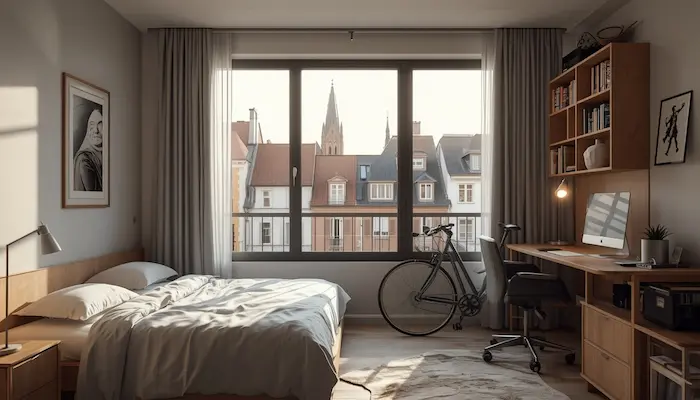 Intérieur d’un studio étudiant lumineux à Strasbourg avec bureau, kitchenette et vue sur les maisons à colombages de la Petite France.