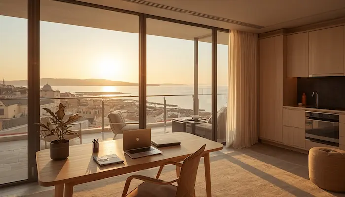 Studio étudiant design à Marseille avec vue mer, lumière méditerranéenne et intérieur moderne idéal pour une location étudiante