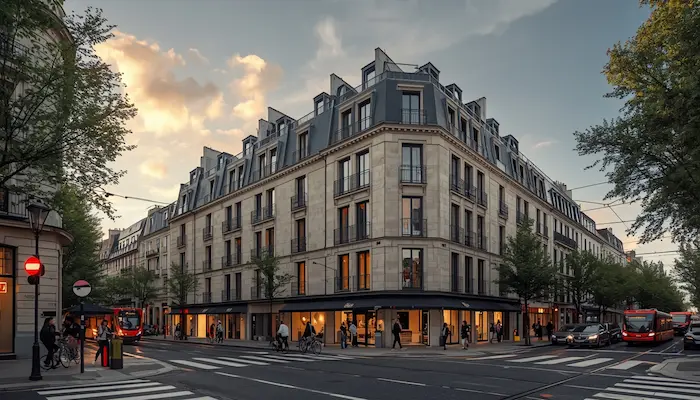 Extérieur d’une résidence étudiante moderne à Bordeaux avec vélos, tramway et architecture inspirée de la ville.