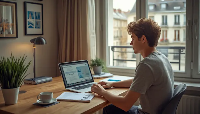 Étudiant comparant ses solutions de financement dans un studio moderne, avec ambiance premium et repères visuels de la ville en arrière-plan.