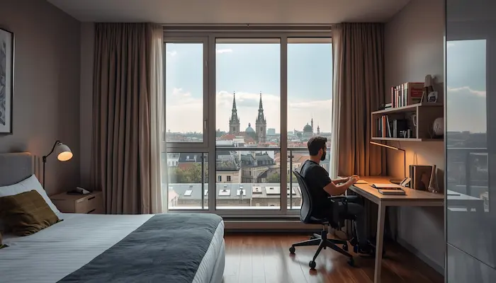 Une vue intérieure d'un studio meublé chaleureux et moderne situé au 15ème étage d'un foyer de jeunes travailleurs (FJT) à Lyon 8ème, surplombant la ville à travers une grande fenêtre panoramique.