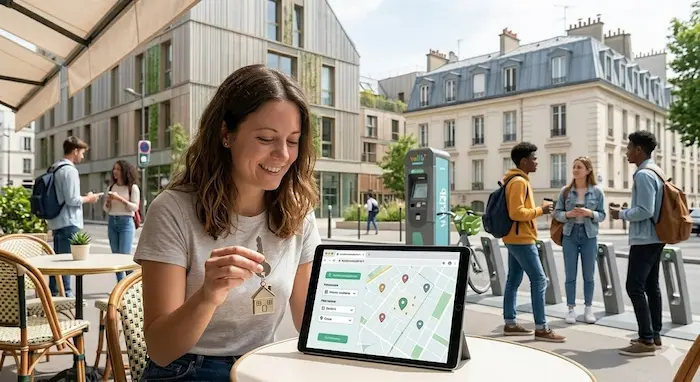 Une étudiante souriante consulte son smartphone assise à une terrasse de café dans un quartier parisien moderne, tenant une clé, avec une vue sur des bâtiments mixtes (Cité Internationale Universitaire de Paris en arrière-plan) et des vélos en libre-service Velib' 2026.