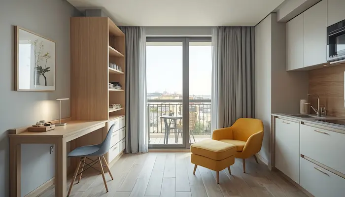 Intérieur d’un studio moderne en résidence étudiante à Marseille, lumineux, fonctionnel et premium pour l’installation 2026