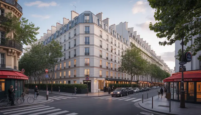Façade d’une résidence étudiante à Paris avec environnement urbain typique, proximité métro et ambiance parisienne réaliste.