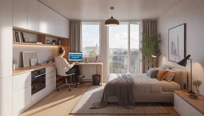 Intérieur lumineux d’un studio étudiant moderne à [Ville], avec bureau, lit, kitchenette équipée et ambiance premium pour illustrer les aides logement étudiant 2026.