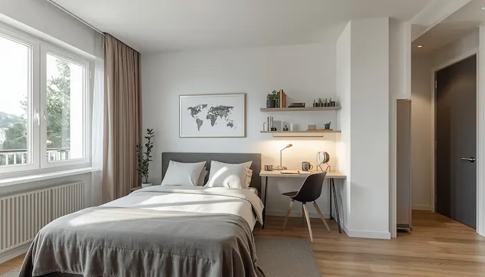Intérieur d’un appartement étudiant moderne à Chambéry avec cuisine équipée, bureau lumineux et ambiance premium, idéal pour un guide logement 2026