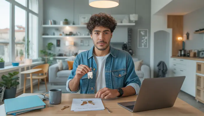 Étudiant préparant son changement de logement APL dans un appartement moderne à [Nom de la ville]