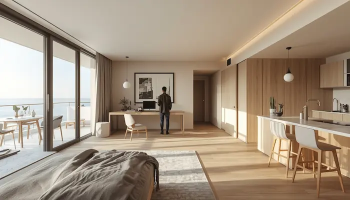 Intérieur d’un studio étudiant haut de gamme à Nice avec vue mer, mobilier design et grande luminosité.
