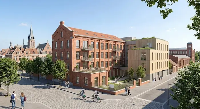 Vue extérieure ensoleillée d'une résidence étudiante moderne et durable à Roubaix en 2026, adjacente à une ancienne usine textile réhabilitée en briques rouges. Des étudiants circulent à vélo et à pied dans une rue pavée, avec l'architecture industrielle et flamande de Roubaix en arrière-plan.
