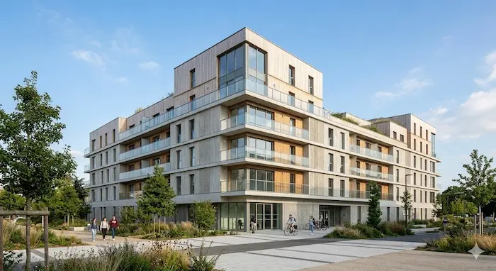 Photographie extérieure ensoleillée d'une résidence étudiante moderne et contemporaine à Angers, en France, avec bardage en bois clair, grandes vitres et balcons filants, entourée de jardins paysagers et d'étudiants marchant à proximité.