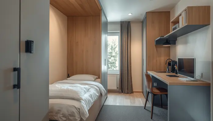 Jeune étudiant dans un studio meublé moderne à [Nom de la ville], intérieur immobilier lumineux, ambiance réaliste et haut de gamme, illustrant l’ALS étudiant et le logement social en 2026.