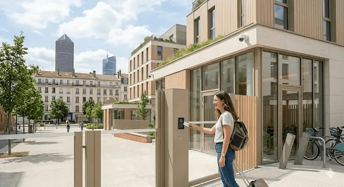 Une vue extérieure vibrante et ensoleillée capturant Sarah, une étudiante souriante ( blonde, sac à dos, même personnage cohérent ), arrivant à l'entrée sécurisée d'une résidence étudiante moderne et durable à Lyon en 2026.