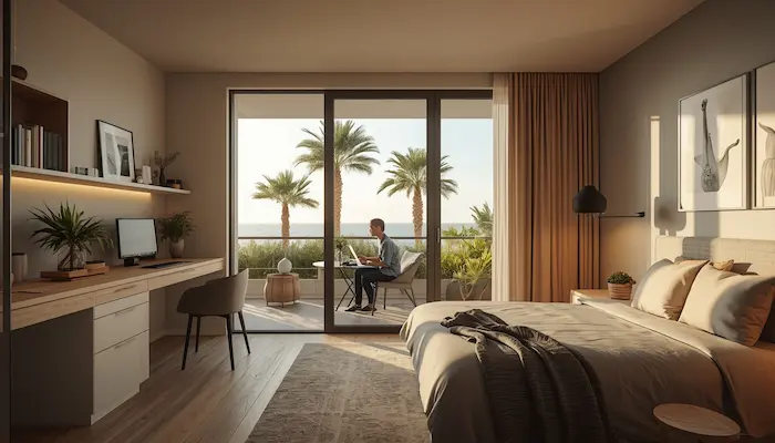Intérieur moderne d’une résidence étudiante à Toulon avec studio meublé lumineux proche des universités et de la mer Méditerranée