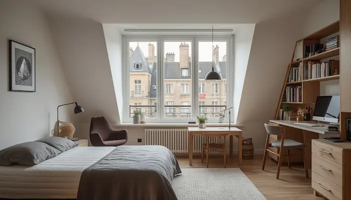 Intérieur d’un studio étudiant meublé à Rennes avec bureau, lit simple, kitchenette et grande fenêtre donnant sur des immeubles typiques du centre-ville rennais.