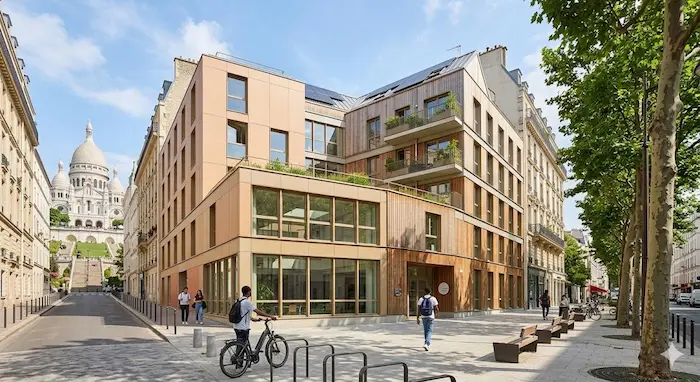 Une vue extérieure contemporaine et ensoleillée capturant la façade d'une résidence étudiante CROUS moderne dans le 18e arrondissement de Paris