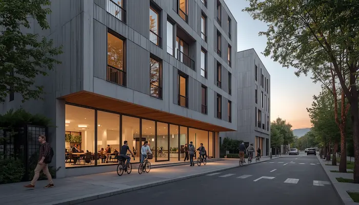 Façade moderne d’une résidence étudiante à Pau, entourée d’espaces verts, avec ambiance urbaine agréable et vue sur les Pyrénées, illustrant le cadre de vie étudiant à Pau.