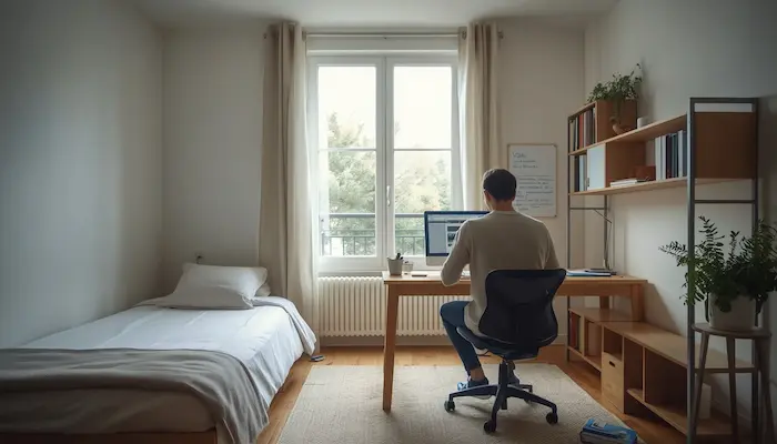 Intérieur d’un studio étudiant moderne en France avec bureau, lit simple, ordinateur portable, dossier de location et ambiance lumineuse rassurante pour illustrer les solutions de logement étudiant sans garant.