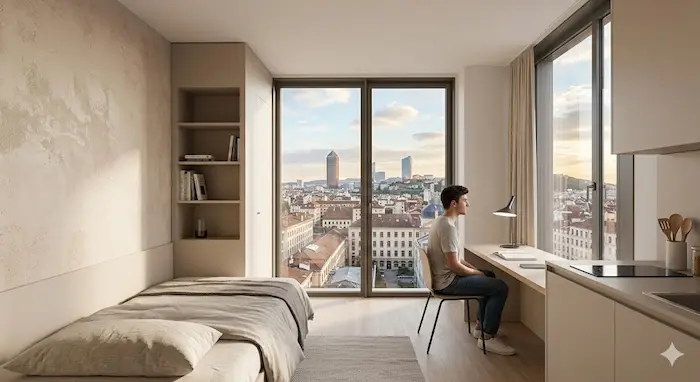 Une vue intérieure d'un studio meublé chaleureux et moderne situé au 15ème étage d'une résidence étudiante à Lyon 3ème, surplombant la ville à travers une grande fenêtre panoramique