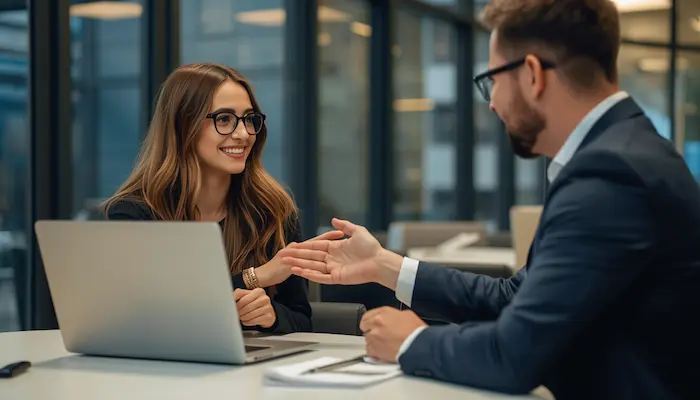 Une photographie dynamique montrant l'étudiante souriante de l'Image 1 échangeant une poignée de main confiante avec un gestionnaire de résidence accueillant dans un bureau de résidence étudiante moderne en 2026.