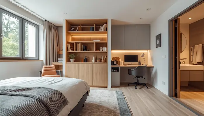 Chambre étudiante moderne dans une résidence à Strasbourg, avec mobilier premium, lumière naturelle, ambiance chaleureuse et décoration sobre, pensée pour la vie étudiante 2026.
