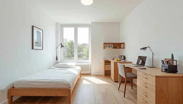 Studio étudiant moderne (2026) avec lit, bureau, kitchenette et rangements, idéal pour la vie étudiante.