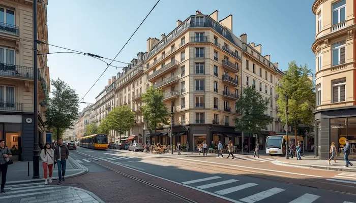 Vue extérieure d’un quartier étudiant à [Ville], avec immeuble résidentiel, étudiants et transports, pour illustrer un bail meublé de 9 mois.