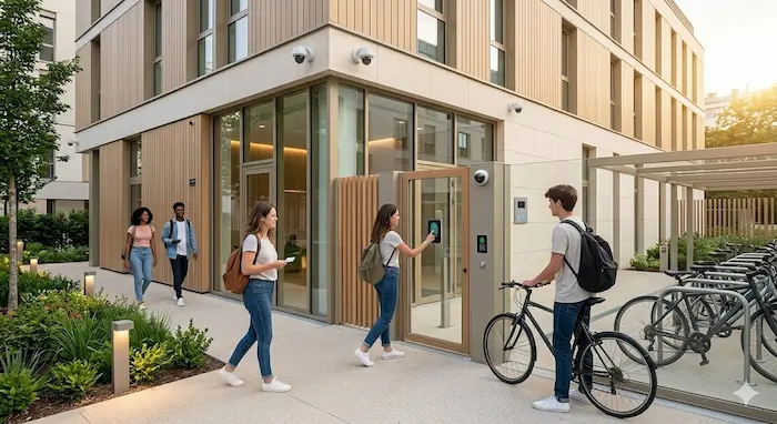 Une photographie extérieure contemporaine et ensoleillée capturant l'entrée sécurisée d'une résidence étudiante moderne et durable en 2026. Un étudiant diversifié utilise son badge sur un lecteur biométrique élégant et discret pour déverrouiller un portail d'accès en bois et en verre. L'architecture propre et moderne du bâtiment suggère des studios.