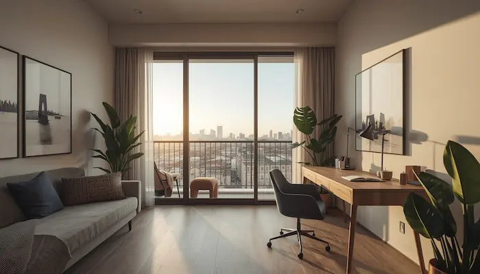 Studio étudiant haut de gamme à Nantes 2026 avec vue urbaine, bureau moderne et ambiance premium dans une résidence étudiante recherchée