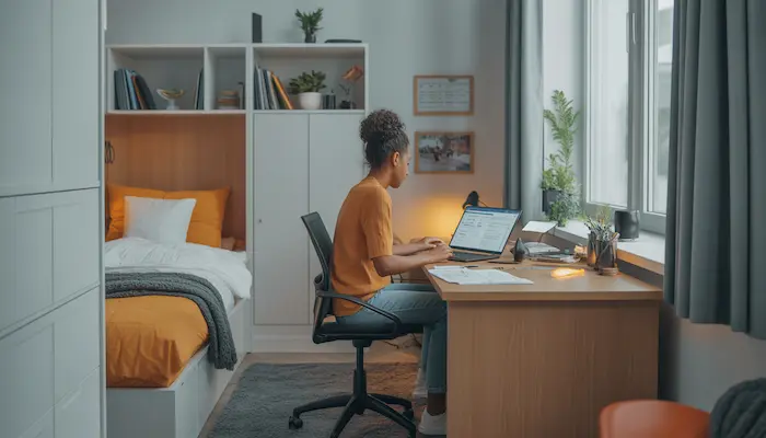 Un étudiant assis à son bureau dans une chambre de résidence CROUS en 2026, consultant son ordinateur portable et remplissant un formulaire stylisé de demande d'aide au logement.