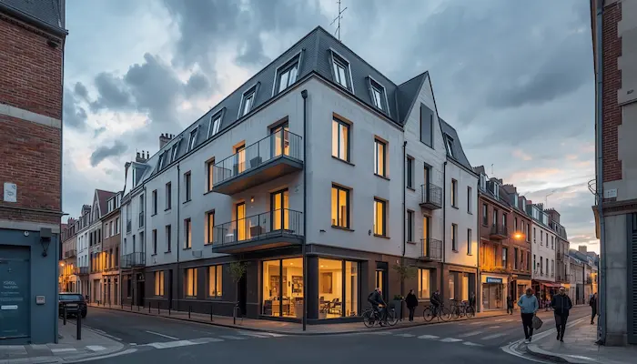 Extérieur d’une résidence étudiante moderne à Rennes, avec ambiance urbaine, étudiants, vélos et repères architecturaux rennais.