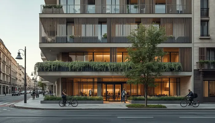 Résidence étudiante moderne à Bordeaux avec façade contemporaine, environnement urbain agréable, vélos, tram et architecture bordelaise en arrière-plan.