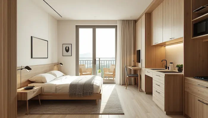 Intérieur d’un logement étudiant moderne et lumineux à Aix-en-Provence, avec bureau, lit et kitchenette fonctionnelle.