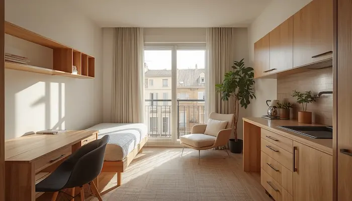 Studio étudiant lumineux et fonctionnel à Nîmes, avec mobilier compact, bureau, kitchenette et ambiance méditerranéenne réaliste.