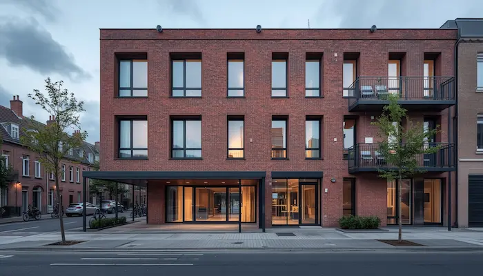 Façade d’une résidence CROUS à Roubaix avec architecture en brique rouge, ambiance urbaine du Nord et cadre étudiant moderne.