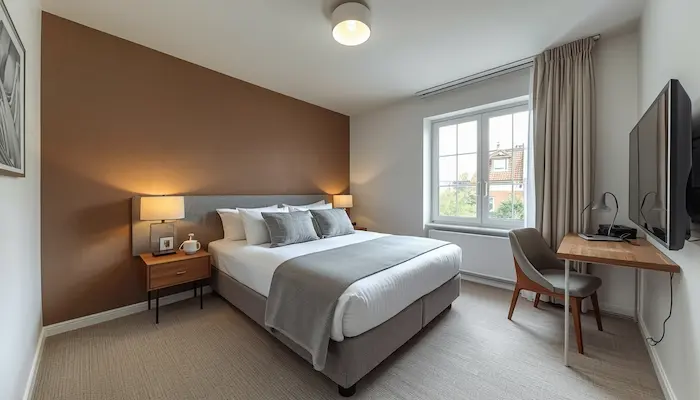 Studio étudiant moderne (rentrée 2026) avec lit, bureau, kitchenette et rangements, idéal pour étudiant en université ou école.