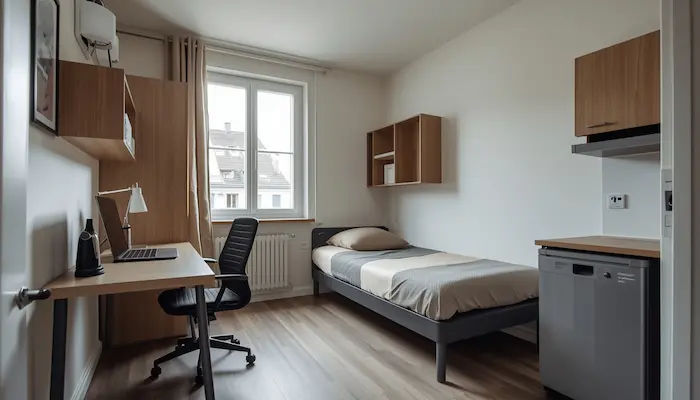 Intérieur d’un studio étudiant à Strasbourg avec bureau, lit simple, rangements et lumière naturelle