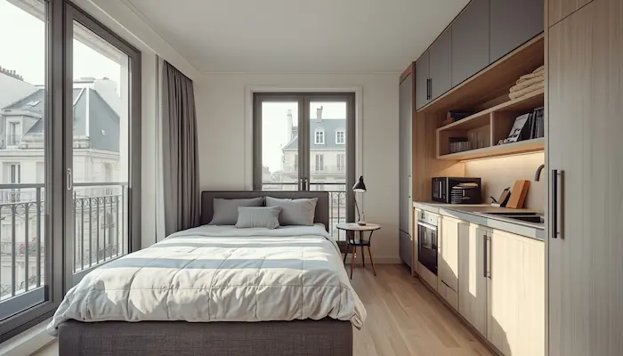 Intérieur d’une résidence étudiante à Paris avec studio moderne, mobilier compact, lumière naturelle et ambiance haut de gamme.