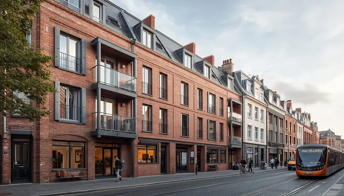 Façade d’une résidence étudiante moderne à Lille, dans un cadre urbain typique avec briques rouges et ambiance lilloise.