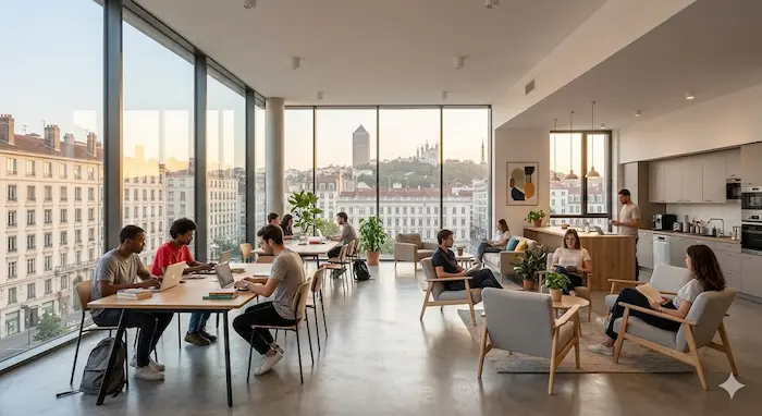 Vue intérieure de l'espace commun d'une résidence étudiante lyonnaise moderne et chaleureuse. Un grand espace ouvert combine zone de co-working, salon et cuisine partagée. Des étudiants (sans texte sur leurs vêtements) travaillent à une grande table en bois, tandis que d'autres lisent près d'une grande baie vitrée panoramique offrant une vue magnifique sur les toits de Lyon et Fourvière sous le soleil couchant. Pas de texte.