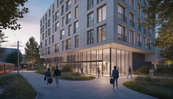 Résidence étudiante moderne à Limoges en centre-ville avec étudiants et environnement urbain proche des transports